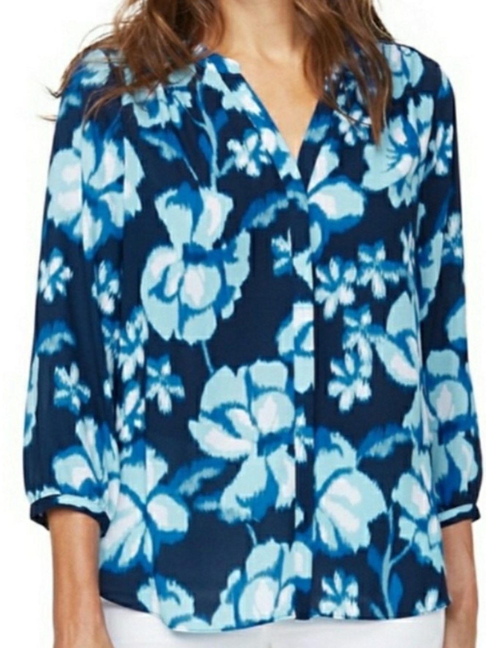 NYDJ Navy and Light Blue Floral Tunic Blouse